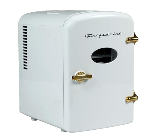 Frigidaire - Mini geladeira pessoal retrô comporta até 9 latas, portátil para carro, escritório, quarto, quarto ou cabine, inclui cabos de 110 V CA e 12 V CC, ouro branco