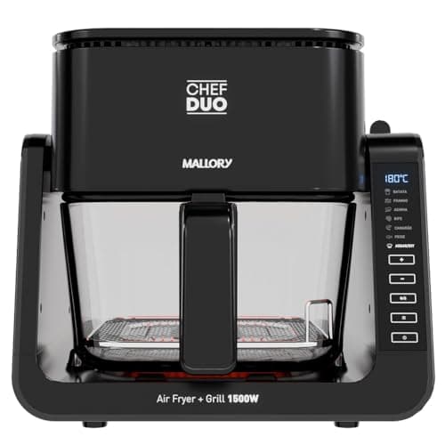 Fritadeira Elétrica Mallory Chef Duo 2 em 1 (Air Fryer e Grill) - 1500W, Temperatura até 200°C, Cuba de Vidro Temperado com 4L, Cesto para Grill em Aço Inox com 1,5L - 127V